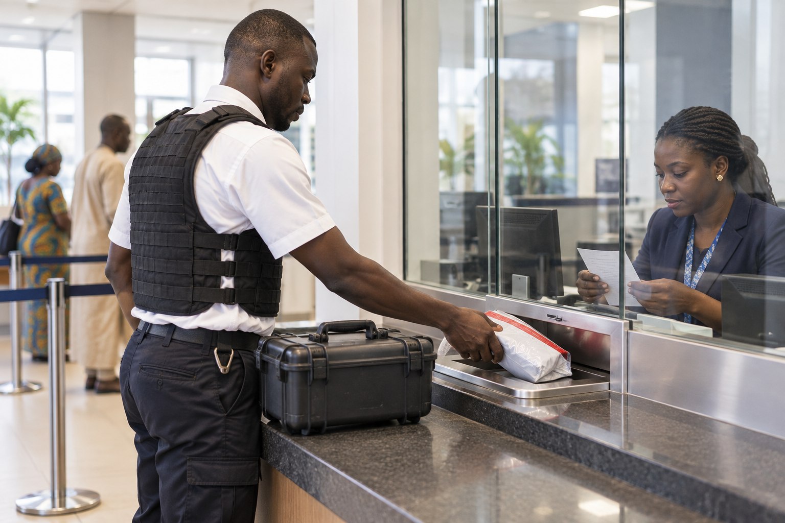 Convoyeur remettant une pochette de dépôt scellée au guichet bancaire