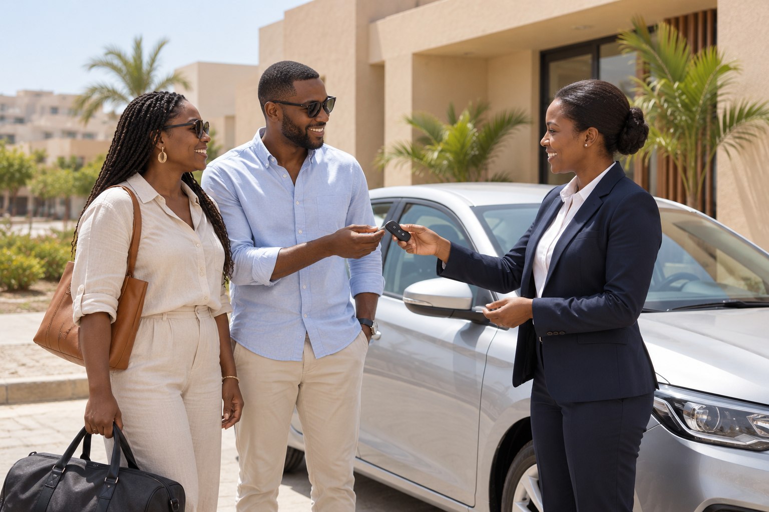 A couple receiving the keys to their rental car beside a sedan