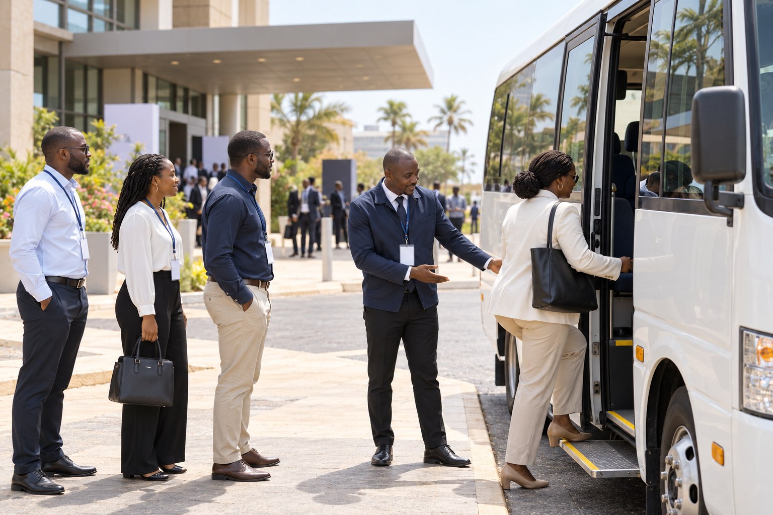 Event delegates boarding a group shuttle